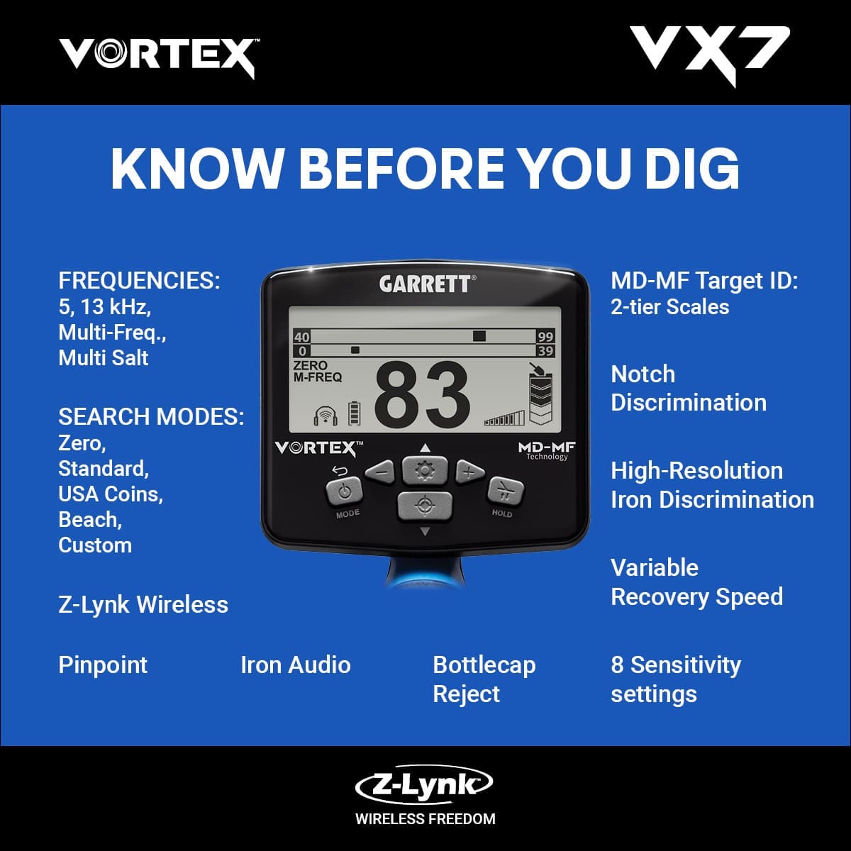 Artvin Garrett Vortex VX7 Dedektör - VX7 hedef ID ekranı, iki katmanlı MD-MF okuma ile demir ve iletken hedefleri ayırmaya yardım eder.